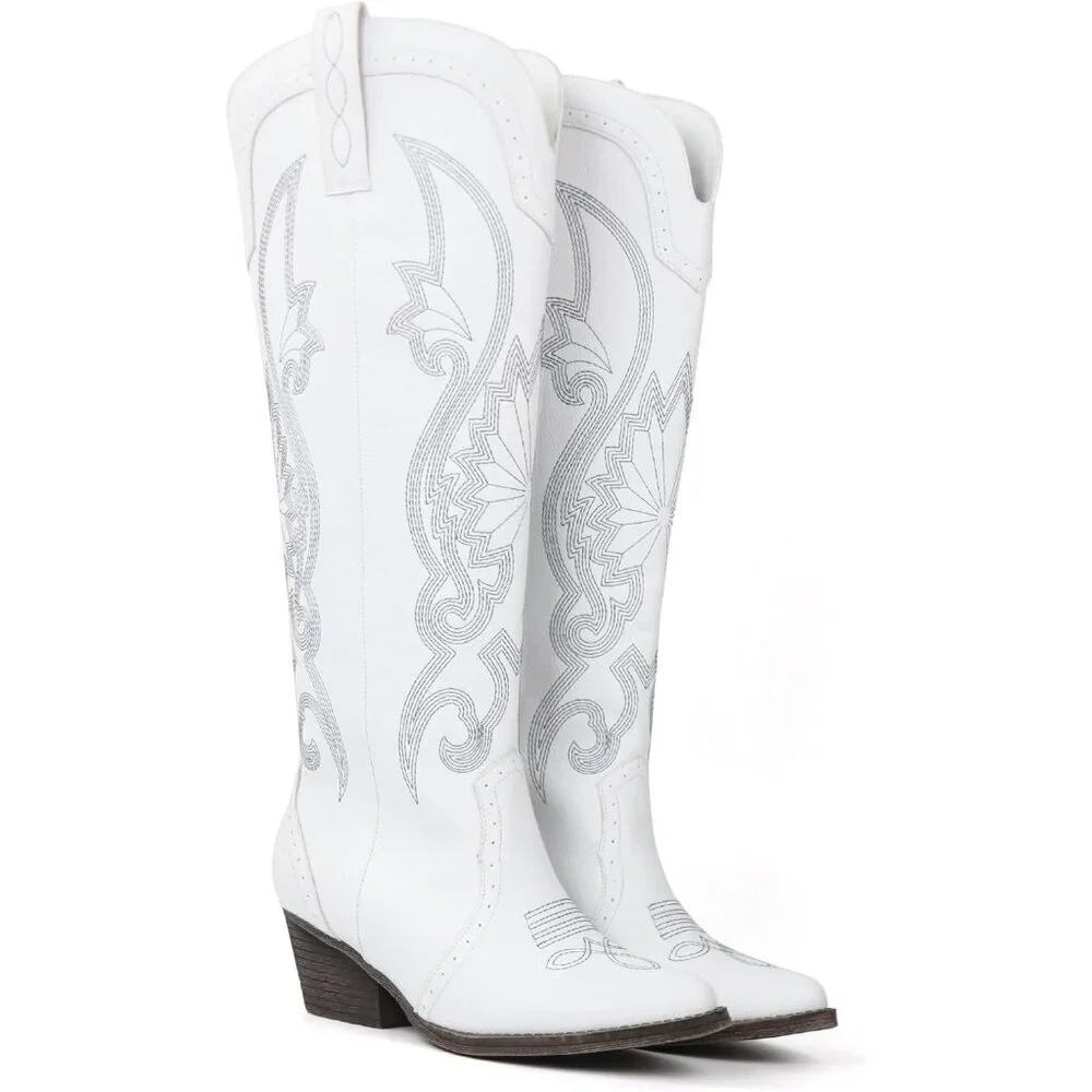 Women's White Faux Leather Pointed Toe and Block Heel Classic Embroidered Boot